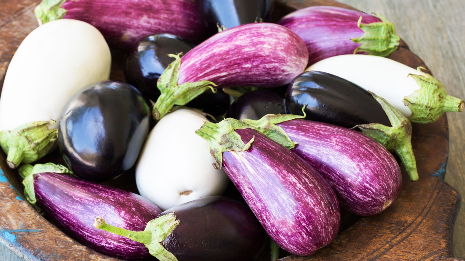 different types of eggplant all in a bowl together.